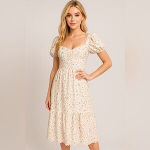 Adelyn Rae Pastel Floral Puff Sleeve Midi Dress – Size L